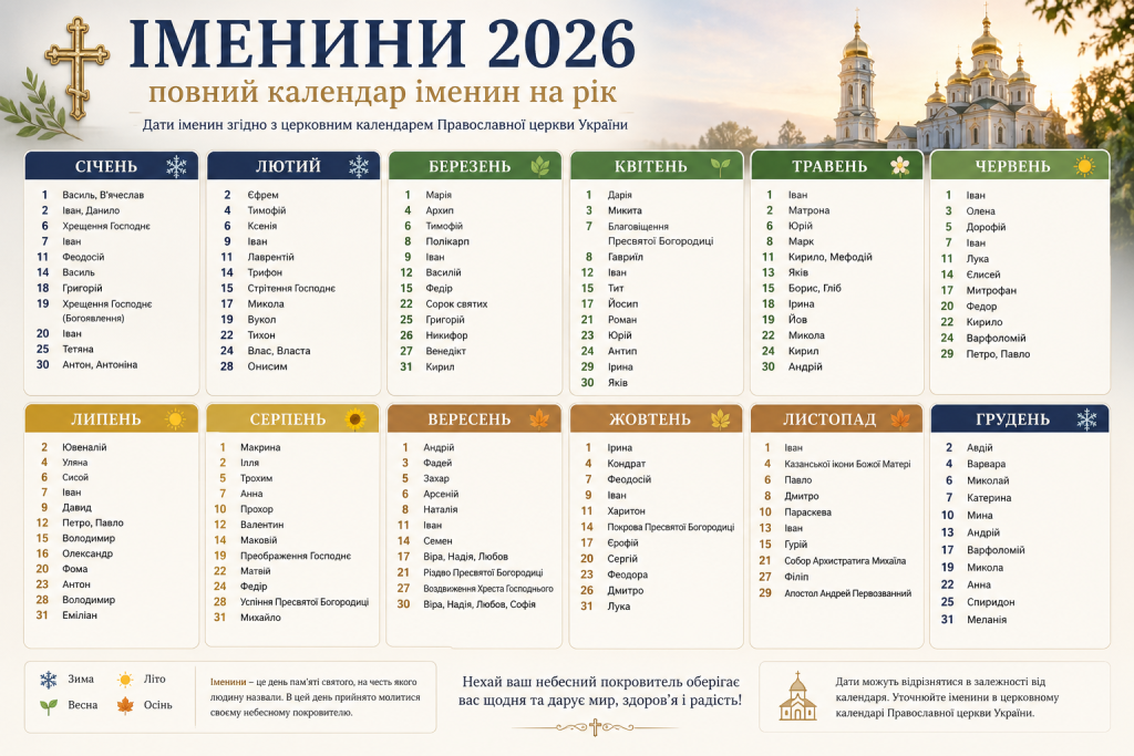 Інфографіка «Іменини 2026» з повним календарем дат іменин по всіх місяцях року згідно з церковним календарем Православної церкви України