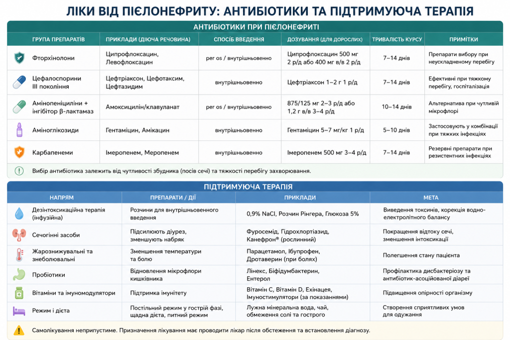 Інфографіка з таблицями груп антибіотиків при пієлонефриті та підтримуючої терапії: дозування, тривалість курсу, сечогінні засоби, пробіотики та режим харчування