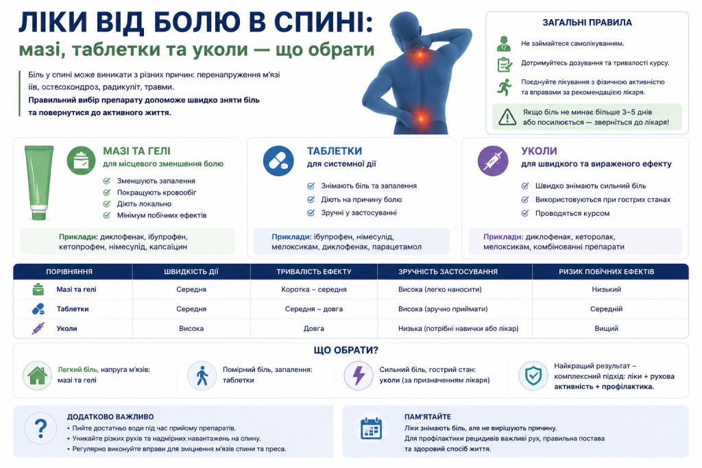 Інфографіка про ліки від болю в спині: порівняння мазей, таблеток та уколів за швидкістю дії, тривалістю ефекту та ризиками побічних ефектів, з рекомендаціями щодо вибору залежно від інтенсивності болю