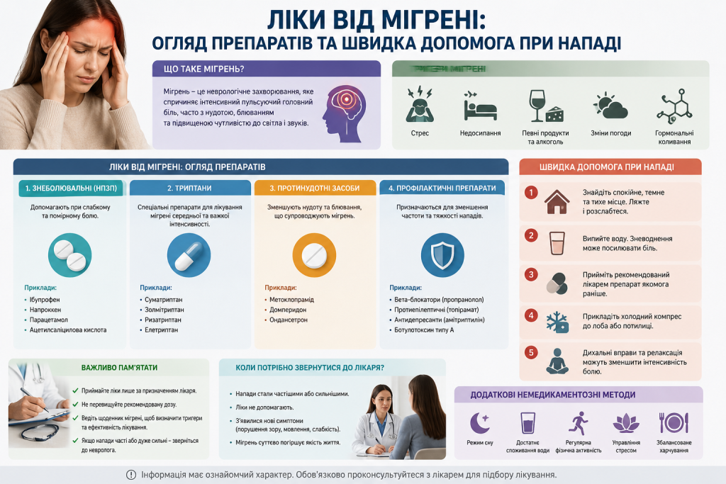 Інфографіка про лікування мігрені: чотири групи препаратів — знеболювальні, триптани, протинудотні та профілактичні, п'ять кроків швидкої допомоги при нападі та тригери мігрені