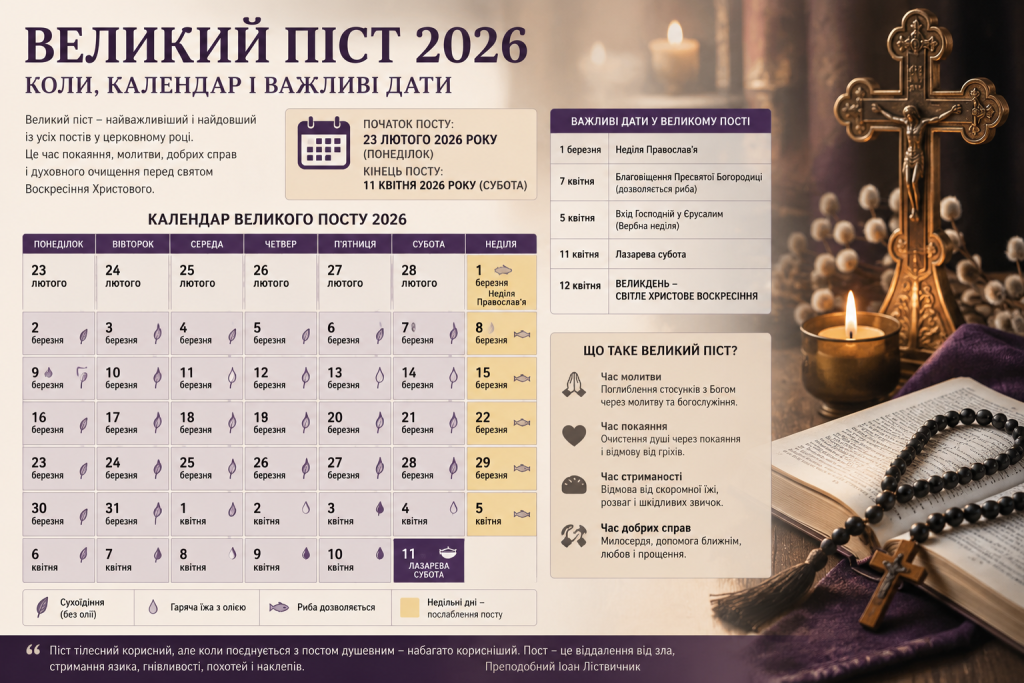 Інфографіка «Великий піст 2026» з календарем від 23 лютого до 11 квітня, важливими датами, поясненням типів пісних днів та значення посту