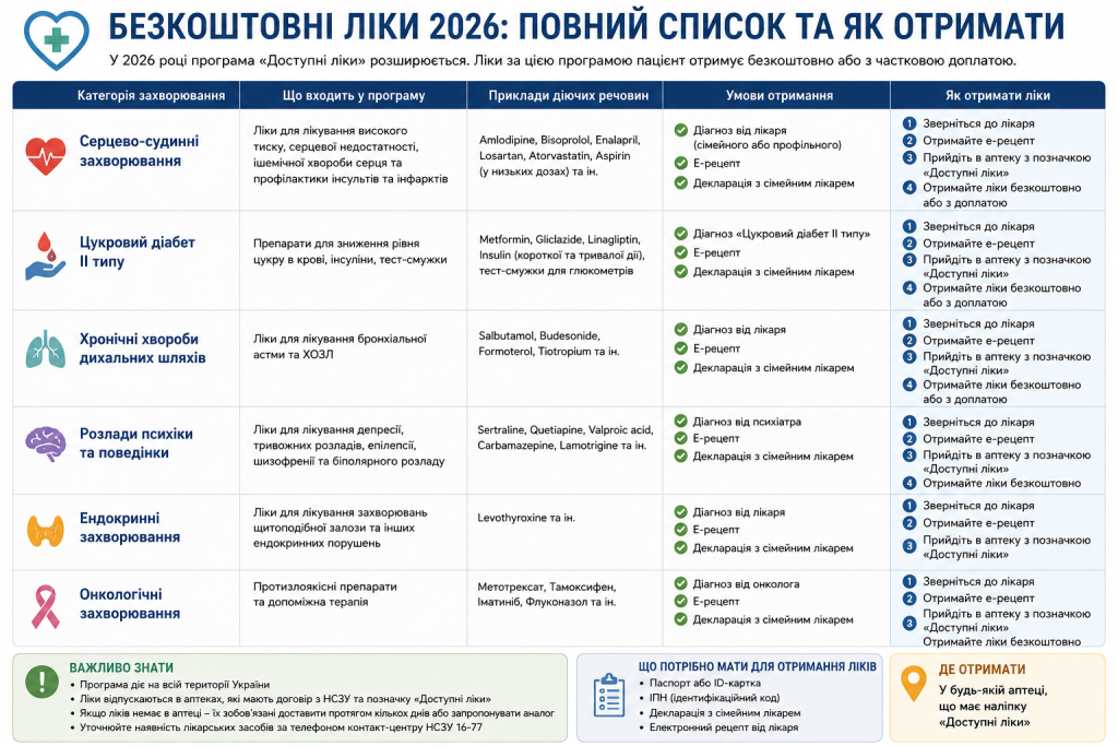 Інфографіка про програму «Доступні ліки» у 2026 році — категорії захворювань, препарати та умови отримання