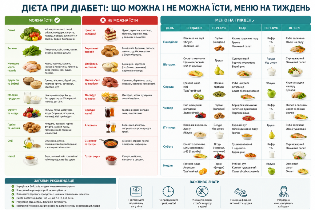 Інфографіка з переліком продуктів та меню на тиждень для людей з діабетом