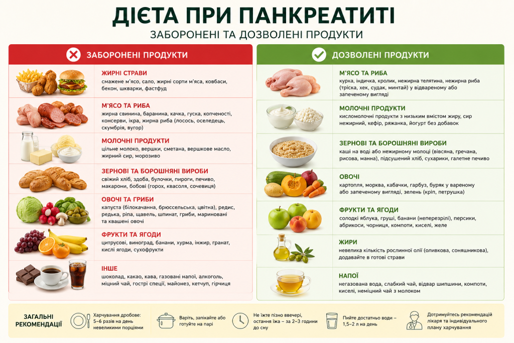 Інфографіка зі списком заборонених та дозволених продуктів при панкреатиті