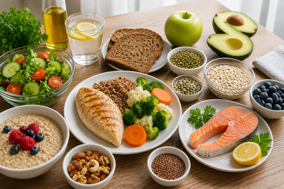 Корисні продукти при діабеті: овочі, риба, курка, горіхи та ягоди на столі
