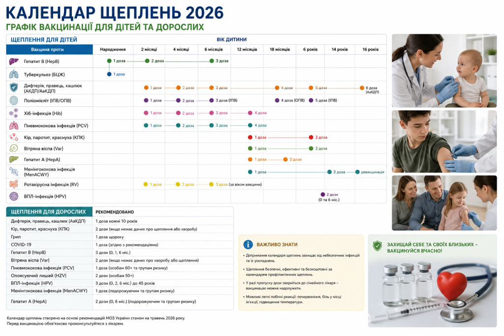 Інфографіка з календарем профілактичних щеплень 2026 року для дітей та дорослих.