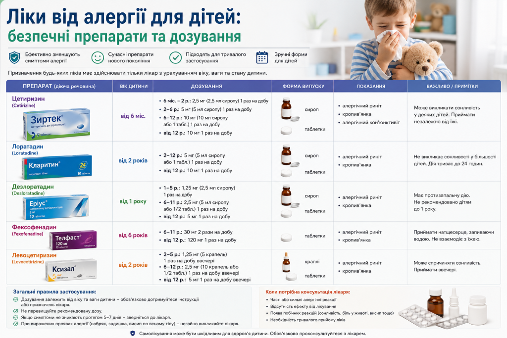 Інфографіка про антигістамінні препарати для дітей із зазначенням віку застосування, дозування, форм випуску та рекомендацій щодо безпечного лікування алергії.