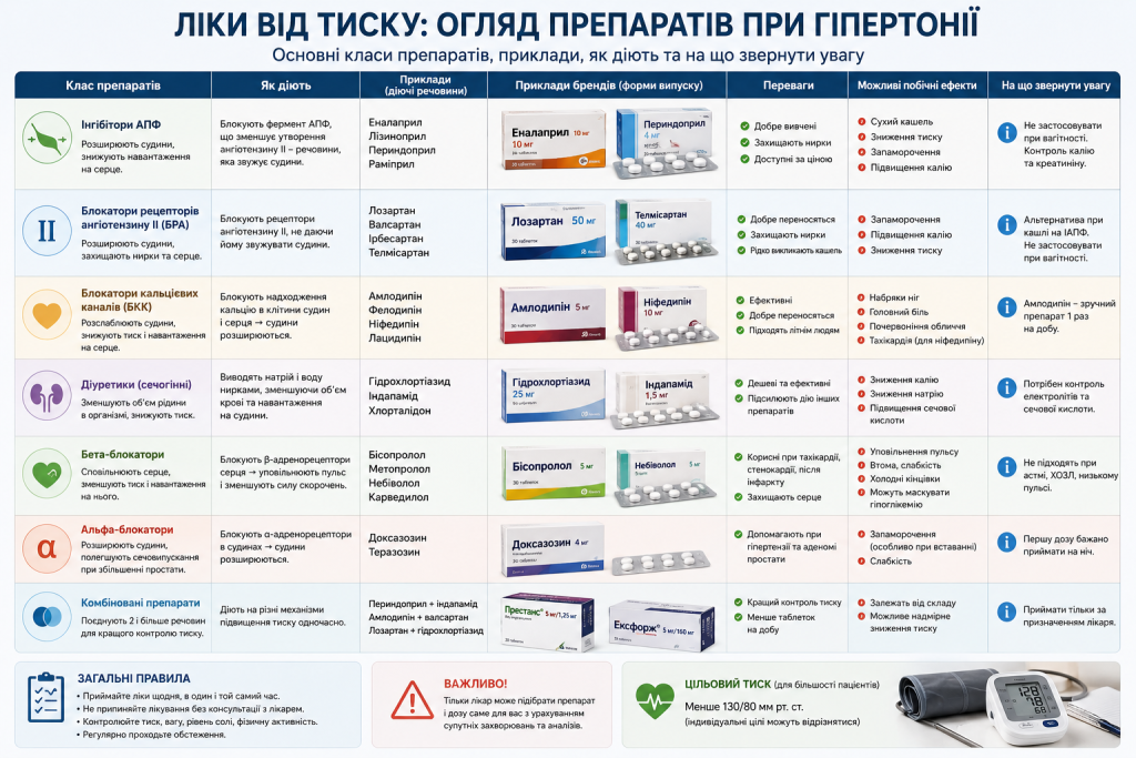 Інфографіка з основними класами препаратів для лікування артеріальної гіпертонії, прикладами та особливостями застосування.