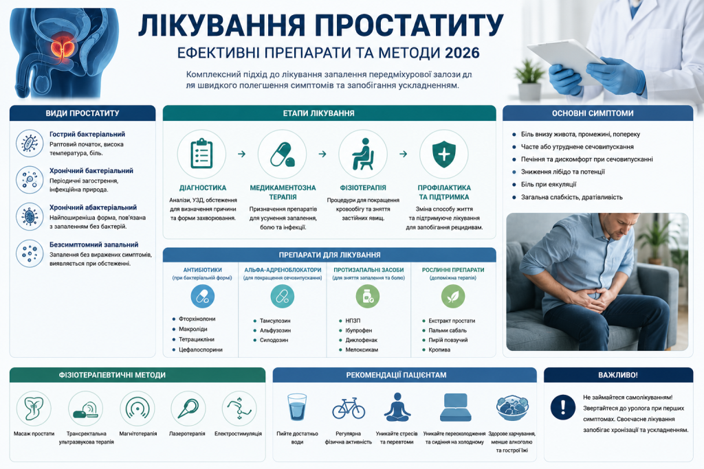 Інфографіка про види простатиту, етапи лікування, препарати, симптоми та рекомендації пацієнтам