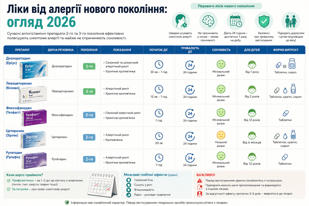 Інфографіка з порівнянням сучасних антигістамінних препаратів нового покоління. Містить інформацію про діючі речовини, тривалість дії, сонливість та форми випуску.