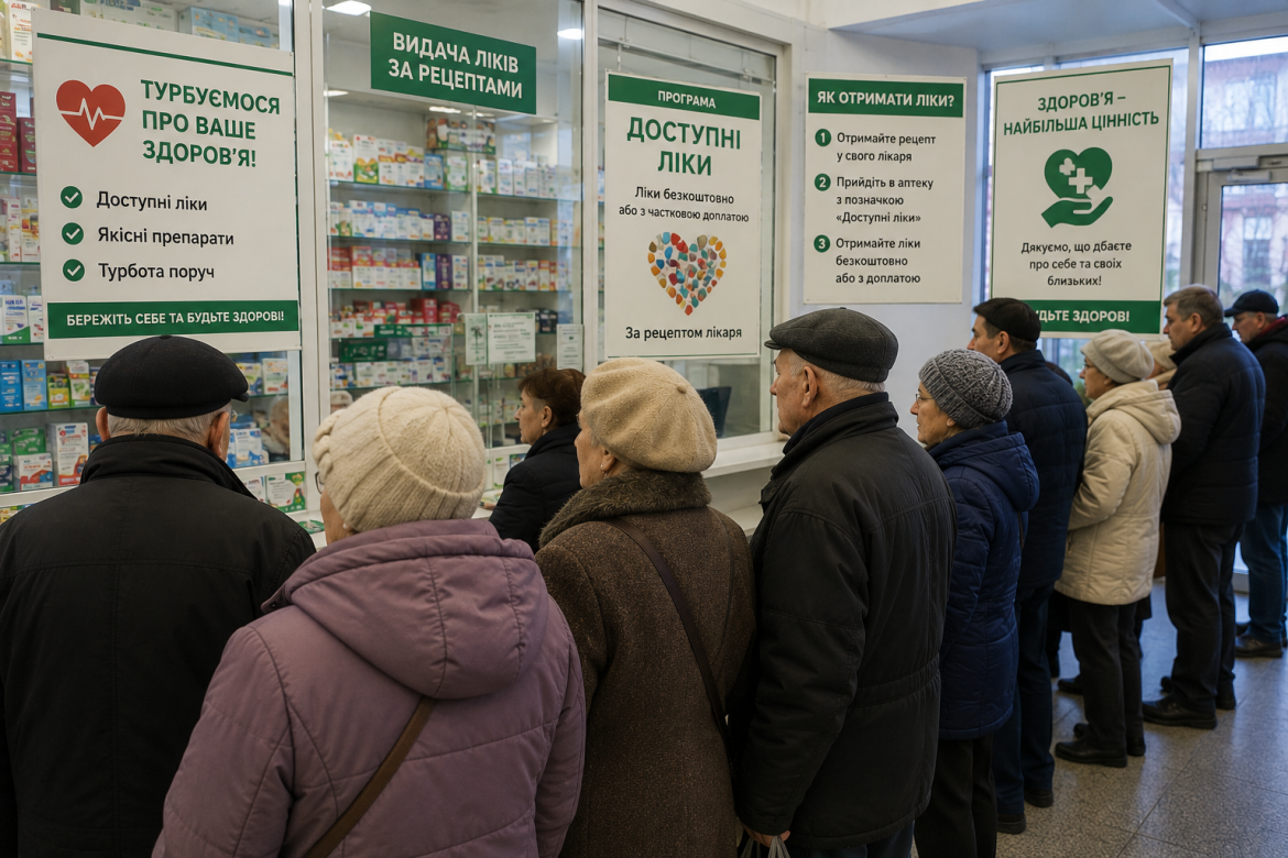 Літні люди чекають у черзі в аптеці біля вікна видачі ліків за програмою «Доступні ліки»