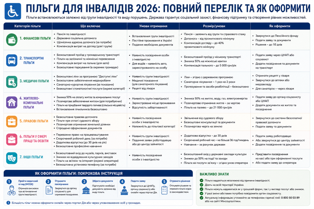 Інфографіка про пільги для людей з інвалідністю у 2026 році — фінансові, транспортні, медичні та інші категорії