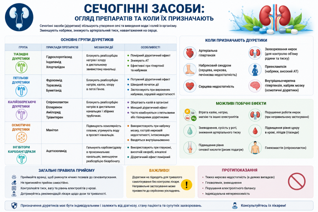 Інфографіка з групами діуретиків, показаннями до призначення, побічними ефектами та протипоказаннями