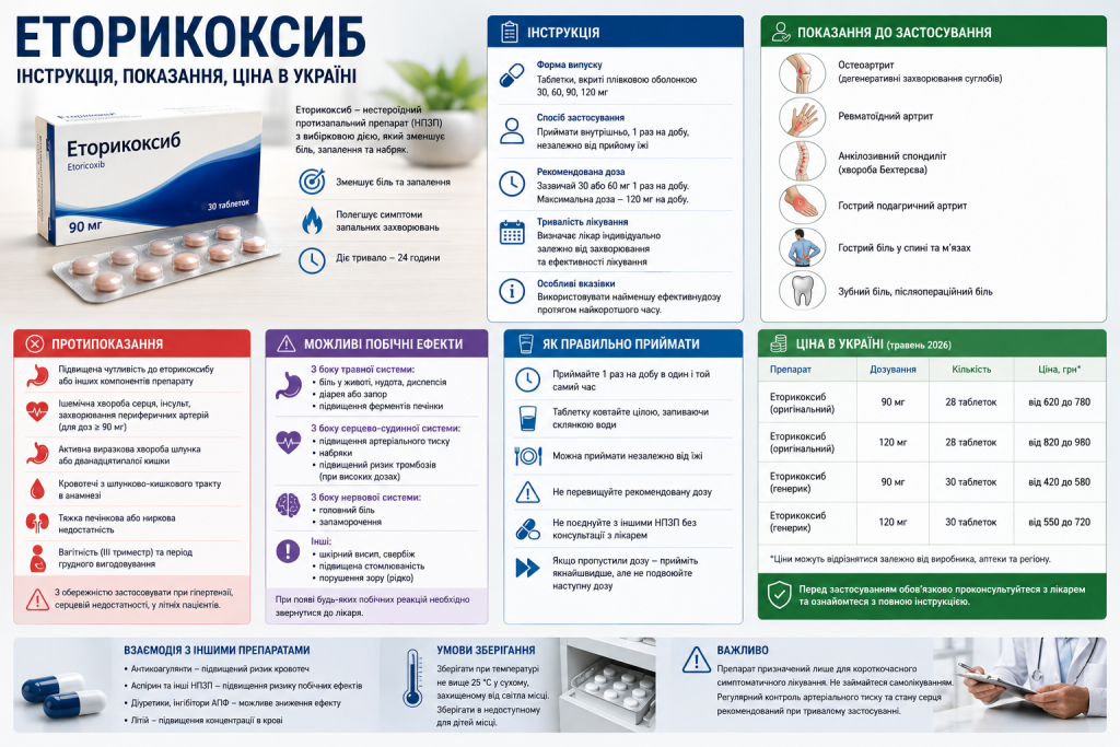 Інфографіка про застосування еторикоксибу, рекомендоване дозування, показання, протипоказання, побічні ефекти та ціни в Україні