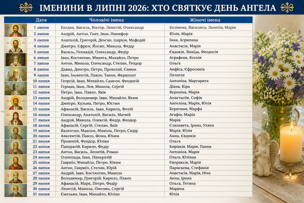 Церковний календар іменин на липень 2026 року з чоловічими та жіночими іменами за датами