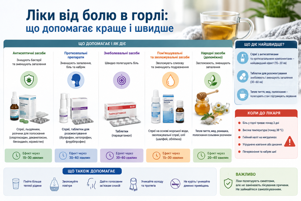Інфографіка про антисептичні, протизапальні, знеболювальні й зволожувальні засоби від болю в горлі, швидкість їхньої дії та показання для звернення до лікаря