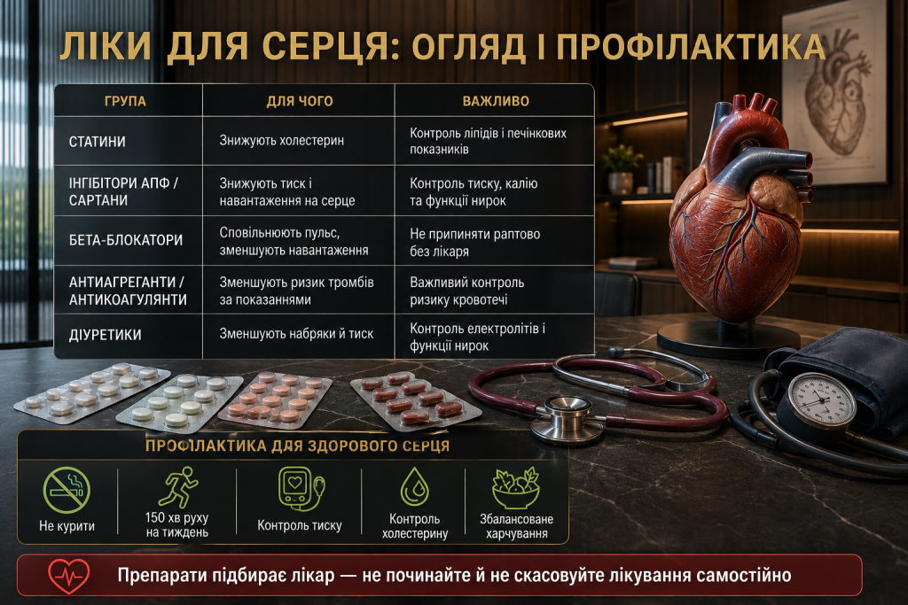 Інфографіка про основні групи серцево-судинних препаратів, їх призначення та профілактику захворювань серця