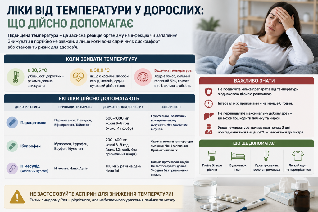 Інфографіка про засоби від високої температури у дорослих та правила їх застосування