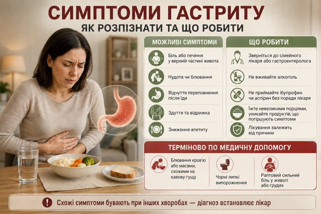 Інфографіка про ранні симптоми гастриту, серед яких біль у шлунку, печія, нудота, здуття та порушення апетиту