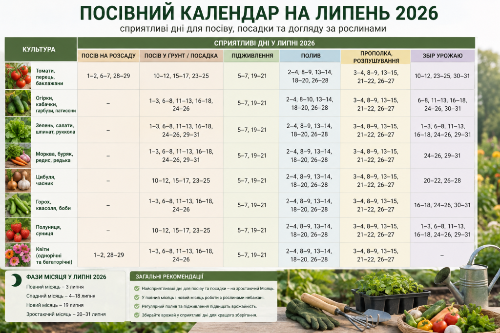 Посівний календар на липень 2026 зі сприятливими днями для посіву, посадки та догляду за рослинами