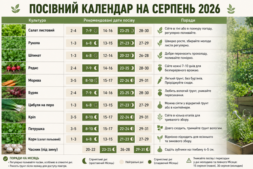 Таблиця сприятливих дат для посіву овочів і зелені в серпні 2026 року з порадами для городників
