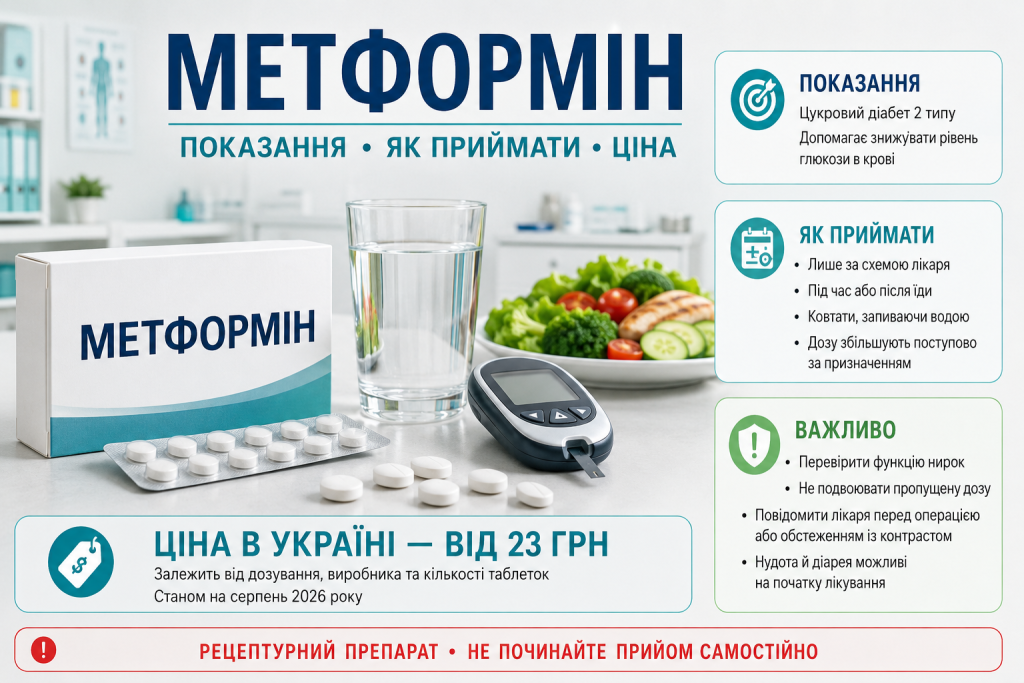 Інфографіка про застосування метформіну при цукровому діабеті, принцип дії, показання та можливі побічні ефекти