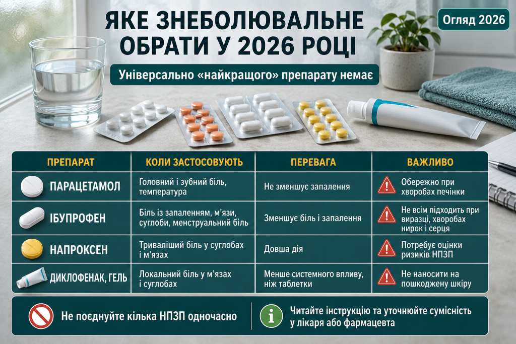 Інфографіка про вибір знеболювальних препаратів у 2026 році, застосування парацетамолу, ібупрофену, напроксену та диклофенаку